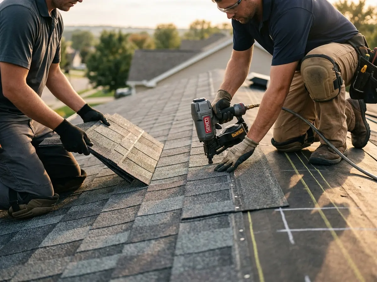 Professional roofer working on a residential roof in Tequesta